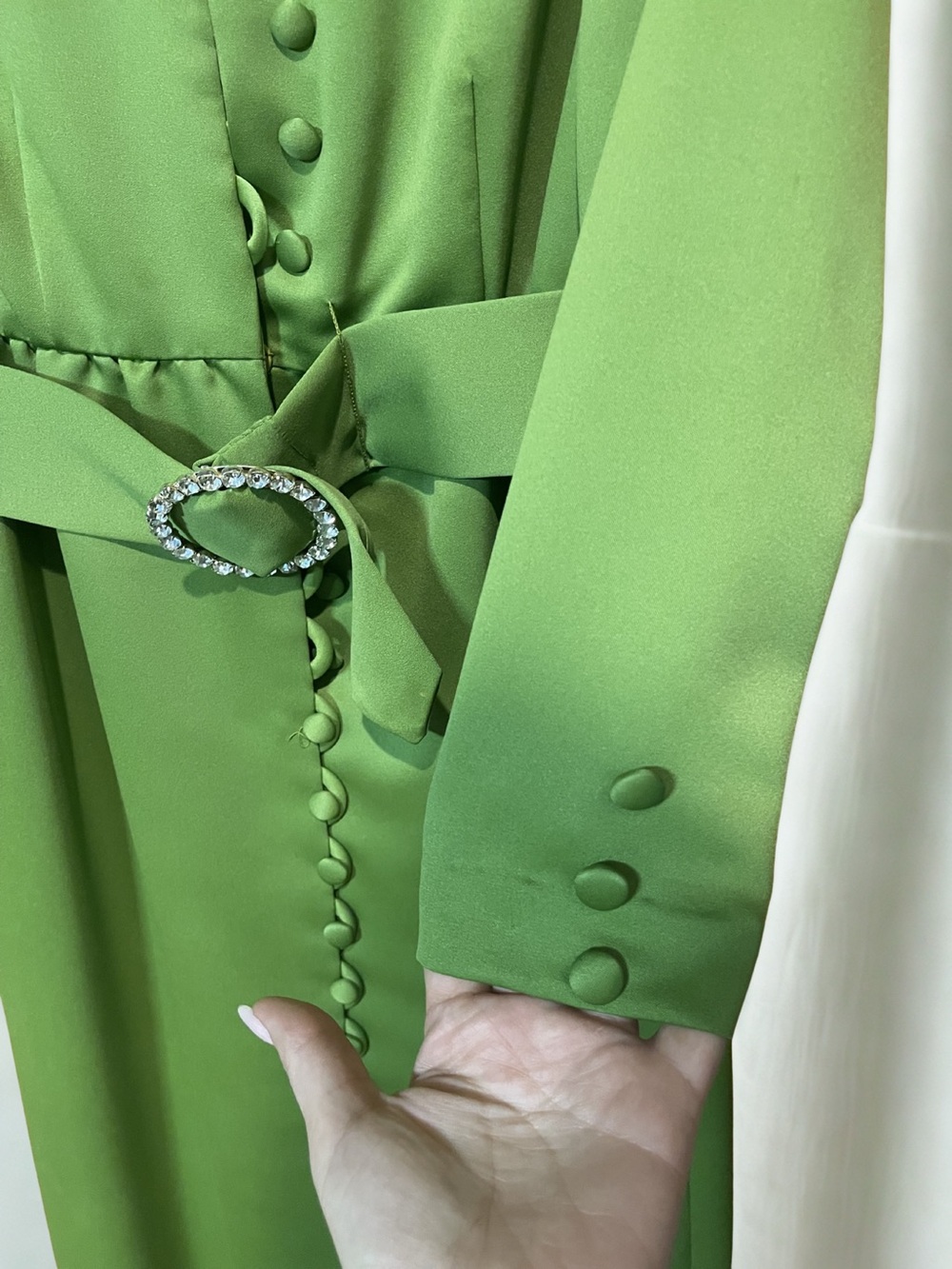 Vintage Olive Green Maxi Dress Covered Buttons Belted Prairie 70s - Picture 3 of 11